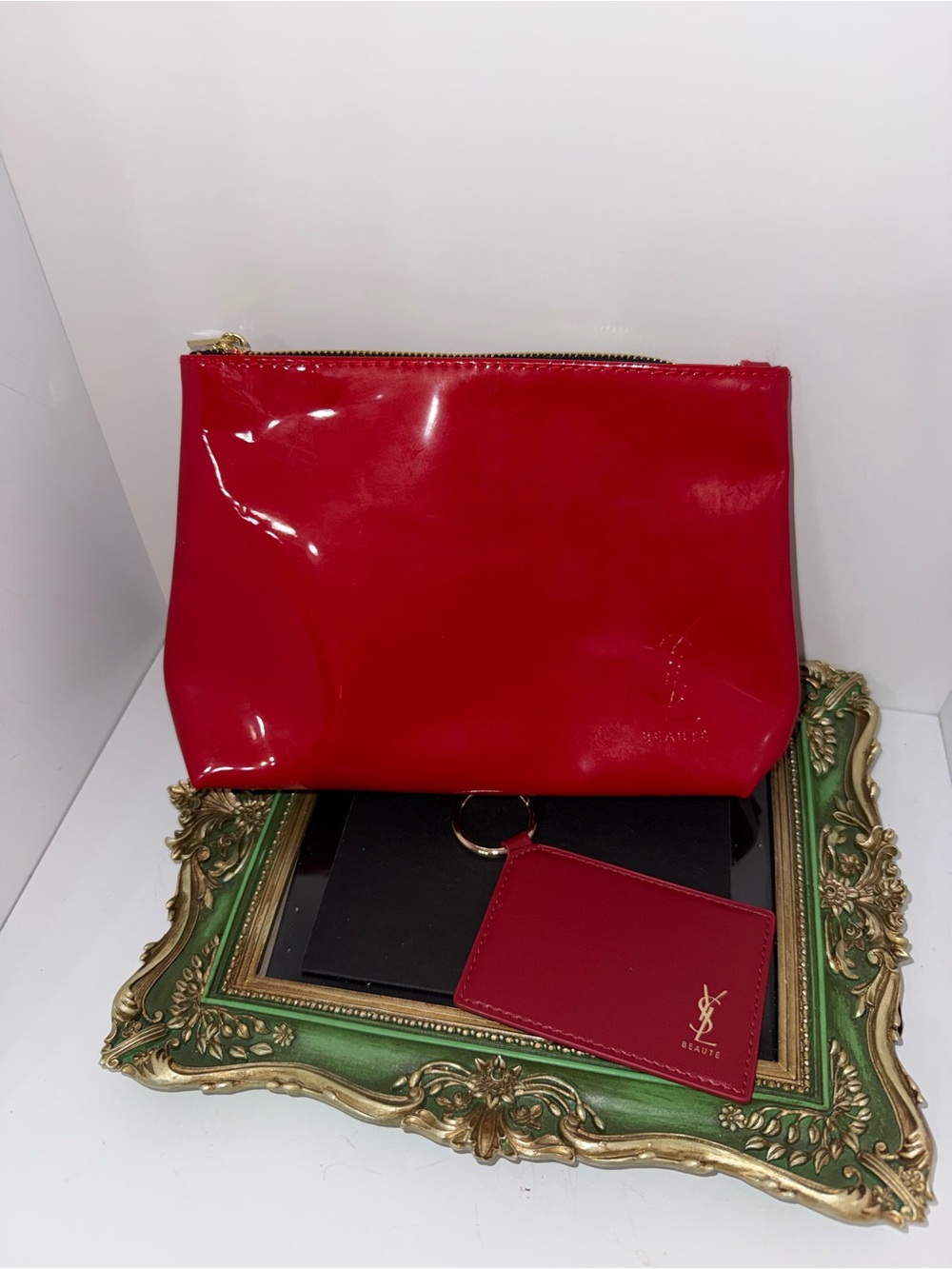 YSL Red Patent Cosmetic Pouch with Mirror Keychain